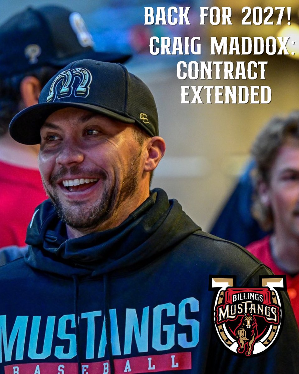 Mustangs's tweet photo. Get ready for more!🤠

With Craig Maddox back at the helm, Dennis Rasmussen back as Pitching coach, and Joel Hartman returning as Hitting coach, ALL coaches are set to return to Billings for the 2027 Summer! Read more about it at https://t.co/ftS3cmDMsk https://t.co/Q5XBbAeoa5