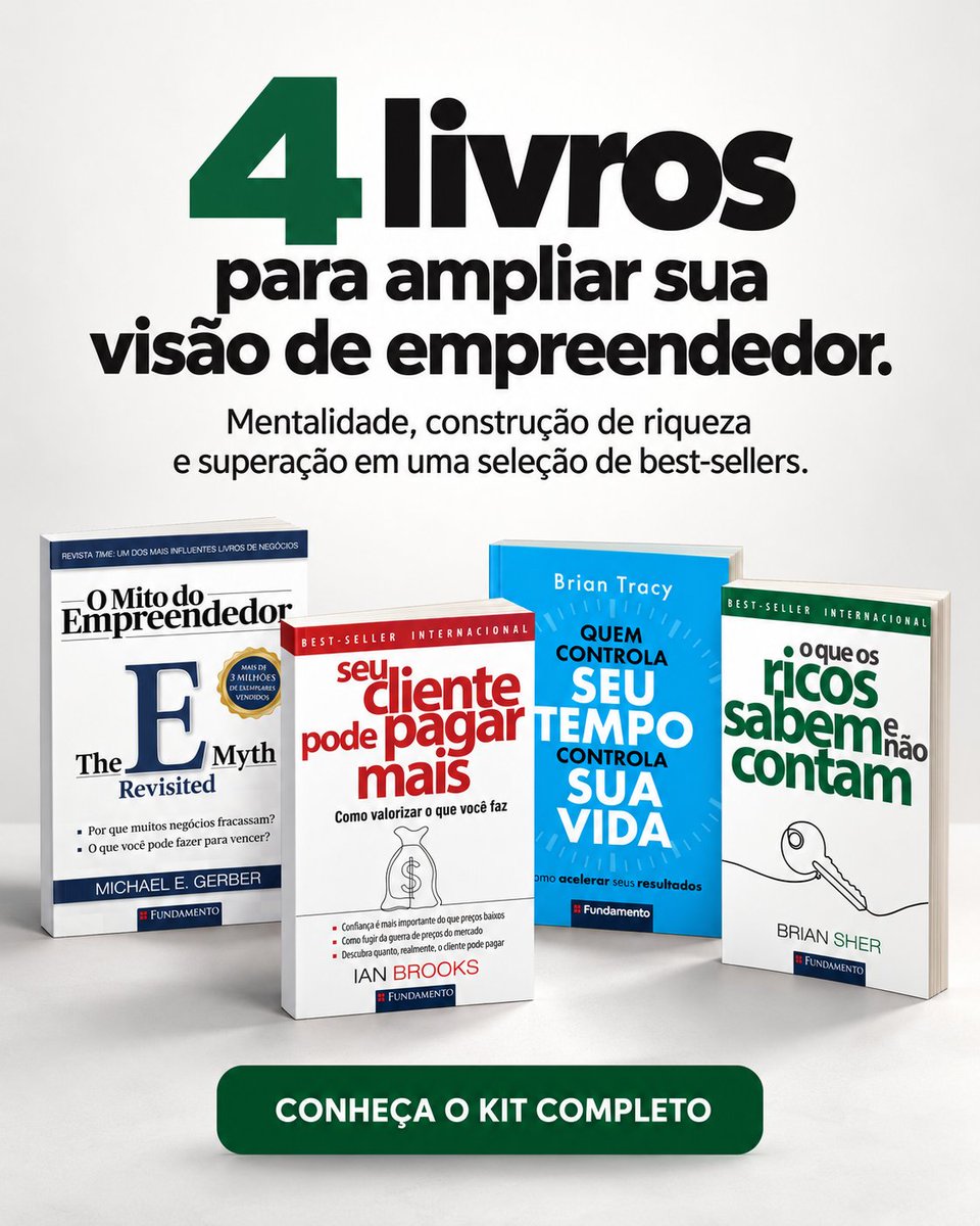 fundamentoed's tweet photo. Sua ideia merece sair do papel! 💡 Amplie sua visão sobre negócios, valorize o que você faz e repense sua relação com o tempo e o dinheiro com o Kit Empreendedor de Sucesso: 4 livros para dar o próximo passo.