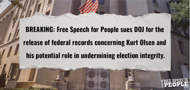 FSFP's tweet photo. DOJ is refusing to disclose records that may reveal whether federal power is being wielded to undermine election security. 

We're standing with @DemocracyFwd to combat this corruption.

The public has a right to these records. Read the complaint on our blog and spread the word. https://t.co/8s4tYX6vUW