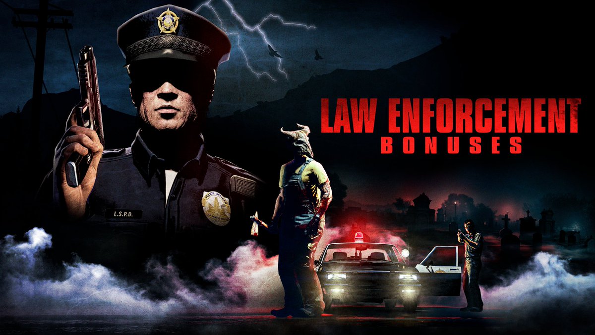 RockstarGames's tweet photo. Work the night shift in GTA Online apprehending Standard and Most Wanted Targets and cleaning up the streets in Dispatch Work for 2X GTA$ and RP all October.

Plus, nab two Bounties for the Weekly Challenge to get the Green Vintage Skull Mask + GTA$100K: https://t.co/URNAjsz3qp https://t.co/41nirrC9FY
