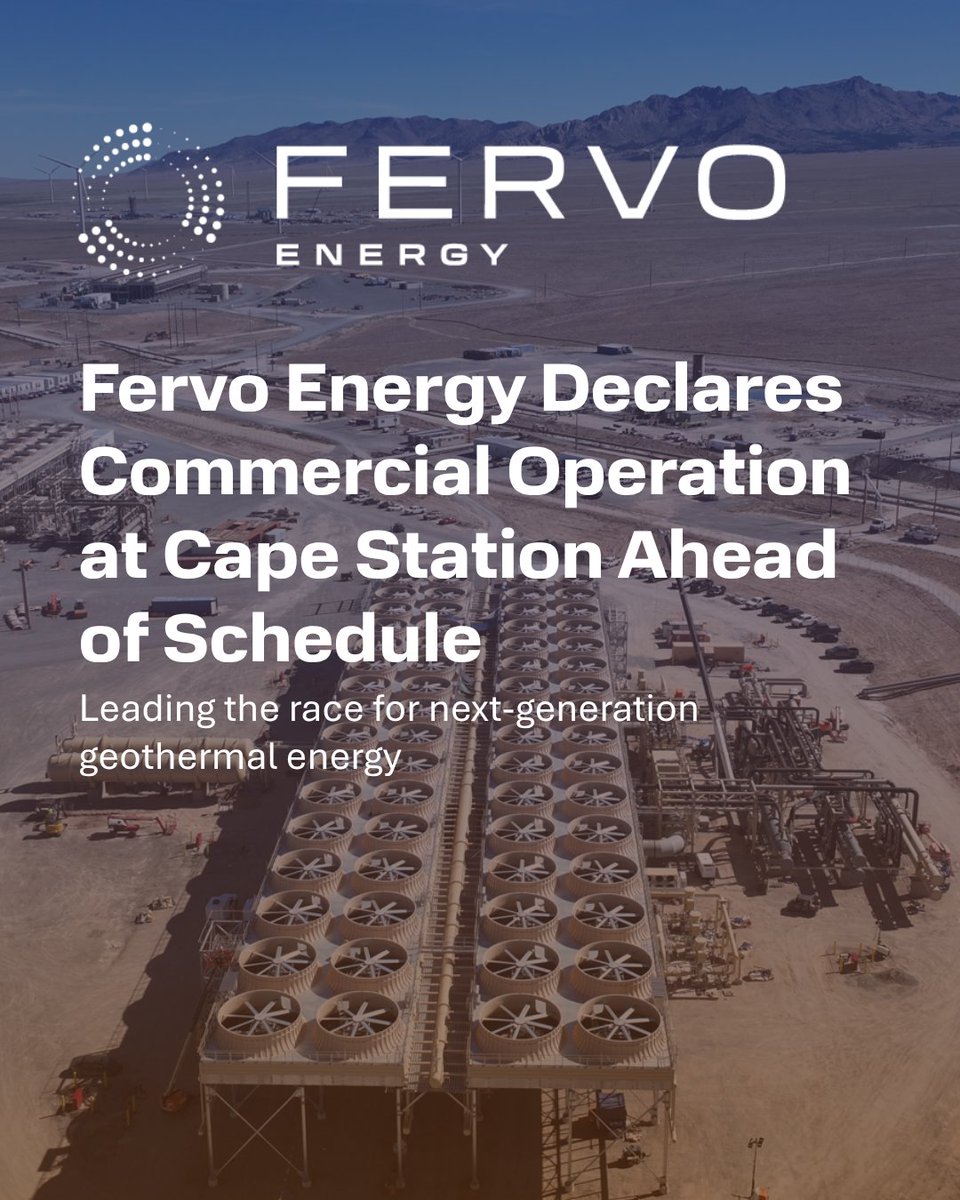 fervoenergy's tweet photo. Cape Station has reached commercial operations ahead of schedule, a first for greenfield enhanced geothermal.

24/7, carbon-free, firm power: https://t.co/1teLhsn2yb https://t.co/SLr6Rsp66D
