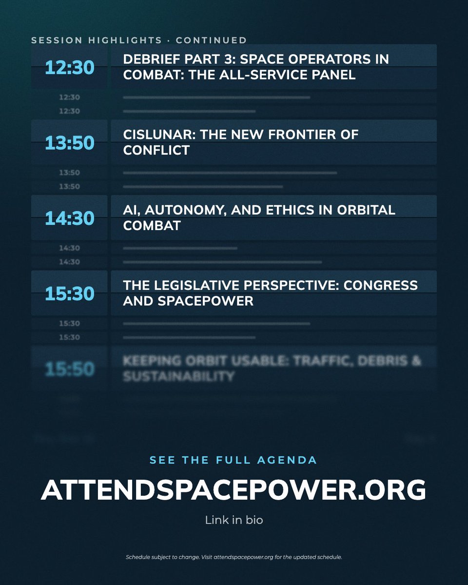 SpaceForceAssoc's tweet photo. The Spacepower 2026 agenda is live.

Three days in Orlando, from operations debriefs to cislunar, space nuclear, and battle management at machine speed. 

This is a first look. The full schedule is at https://t.co/wgk6IziMcO. https://t.co/GKaM4V6FAD