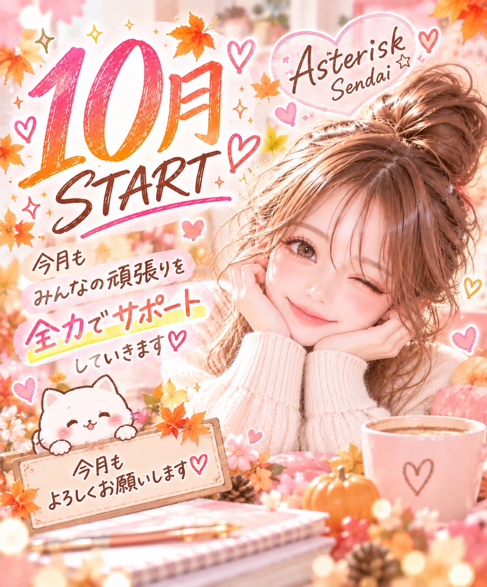 asterisk_sendai's tweet photo. 🍁✨10月START✨🍁

今日から10月ですね🥰💕

10月初日から女の子たちも出勤してくれてそれぞれの目標に向かって頑張っています☺️✨

今年も残すところあと3ヶ月！
今月も一人ひとりの頑張りをしっかりサポートしていきたいと思います💪💕 https://t.co/YltrR0QHnu