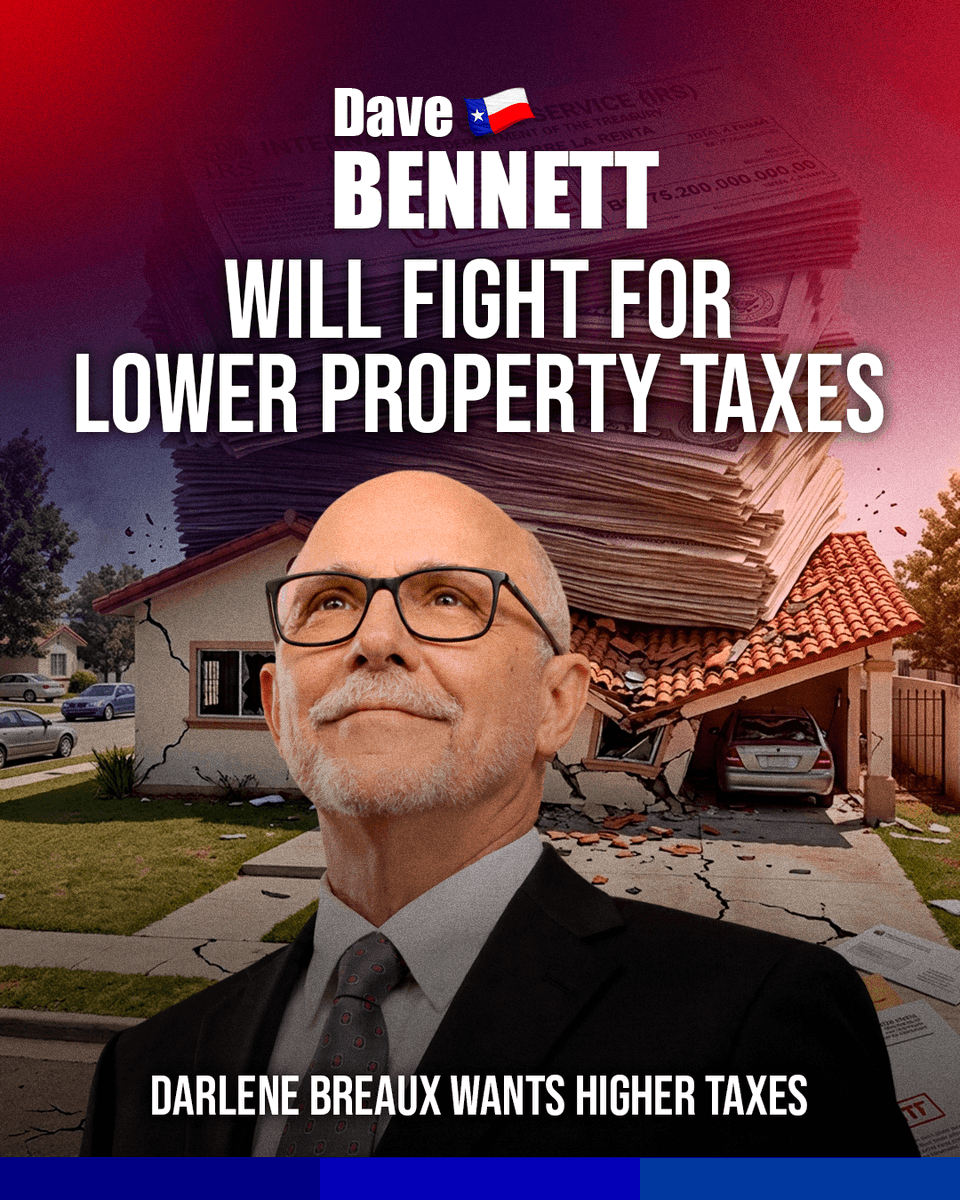 BennettForTexas's tweet photo. Dave Bennett will fight to lower the property-tax burden. Texas families and businesses need lasting property-tax relief, not temporary fixes. Dave supports structural reforms that reduce the property-tax burden while demanding greater accountability for how taxpayer dollars are spent.

Breaux’s plan for higher taxes aren’t a long-term education strategy. Breaux supported additional taxes to increase teacher compensation, a legitimate need, but higher taxes alone do not address Alief ISD’s larger challenges. With enrollment declining, the district needs a sustainable plan that supports teachers, improves student achievement, and uses taxpayer dollars effectively.