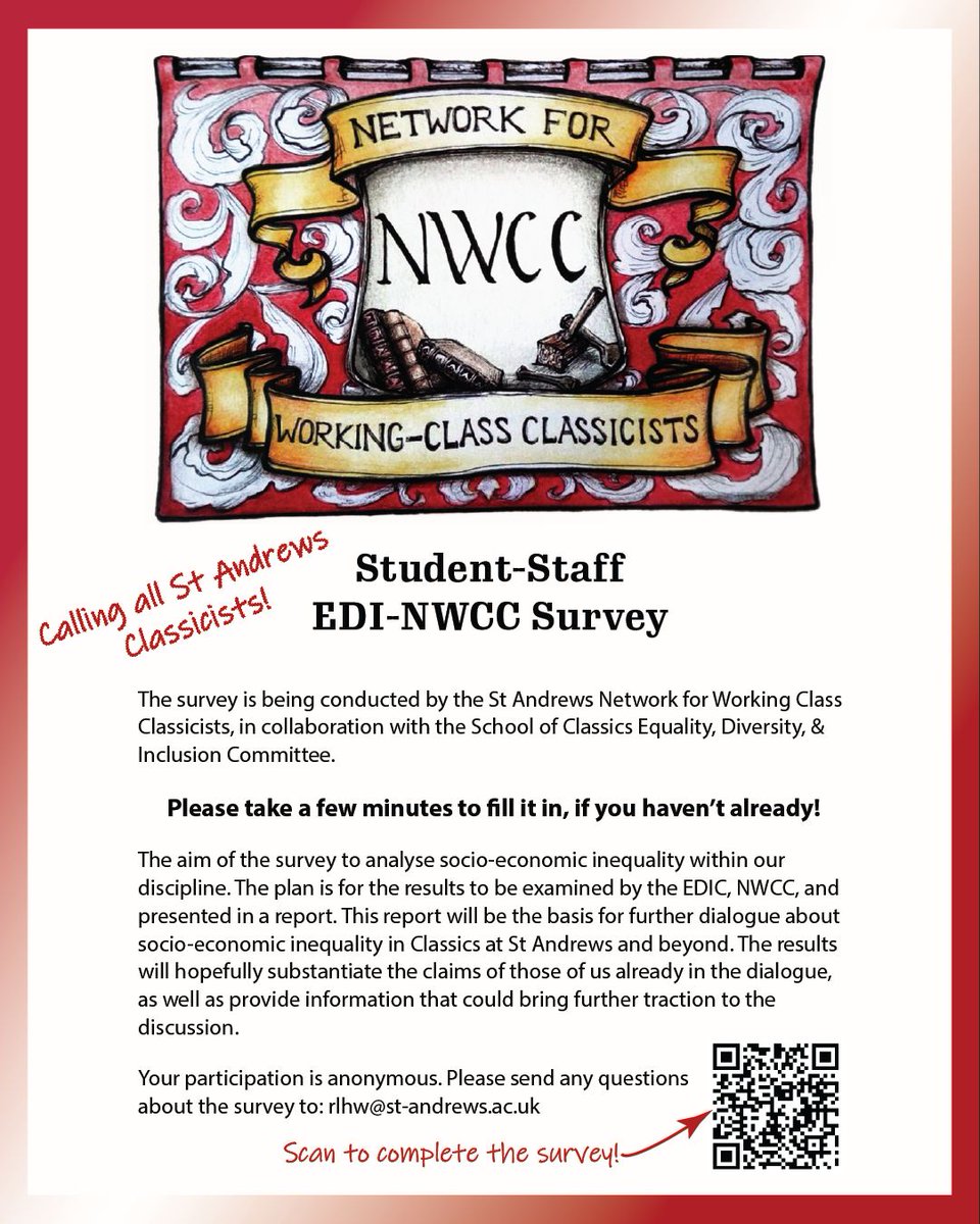 StA_Classics's tweet photo. Calling all #StAndrews Classicists!
The St Andrews Network for Working Class Classicists is conducting a survey in collaboration with the School of Classics Equality, Diversity, & Inclusion Committee.
Please take a few minutes to fill it in:
🔗 https://t.co/mnlEUksElU https://t.co/KHEoOwKXhT