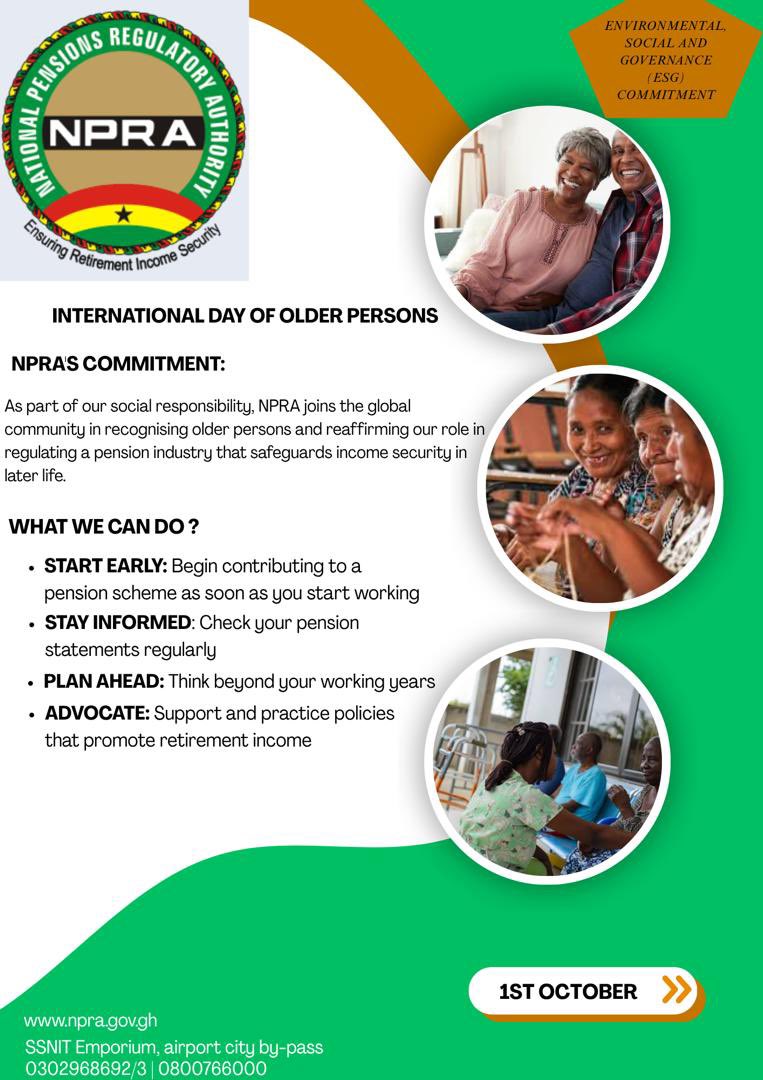NPRAGhana's tweet photo. Today, on International Day of Older Persons, NPRA reaffirms its dedication to regulating a pension industry that guarantees peace of mind and financial security in later life.
#InternationalDayOfOlderPersons #NPRA #PensionSecurity #Ghana https://t.co/CjiIhUEISu