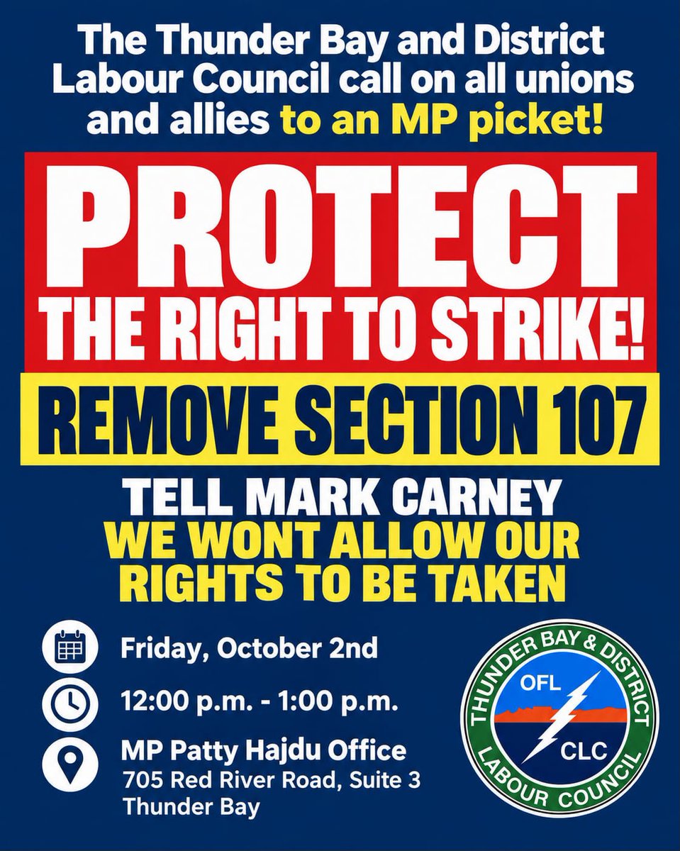 OFLabour's tweet photo. Mark Carney's government thinks that "Elbows Up" will protect Canada but expects that workers should not have the full rights of free collective bargaining.
Let's show the federal and provincial government that the way workers and communities win is with "Feet in the Street"!
Join a rally tomorrow!
#Toronto #Hamilton #ThunderBay