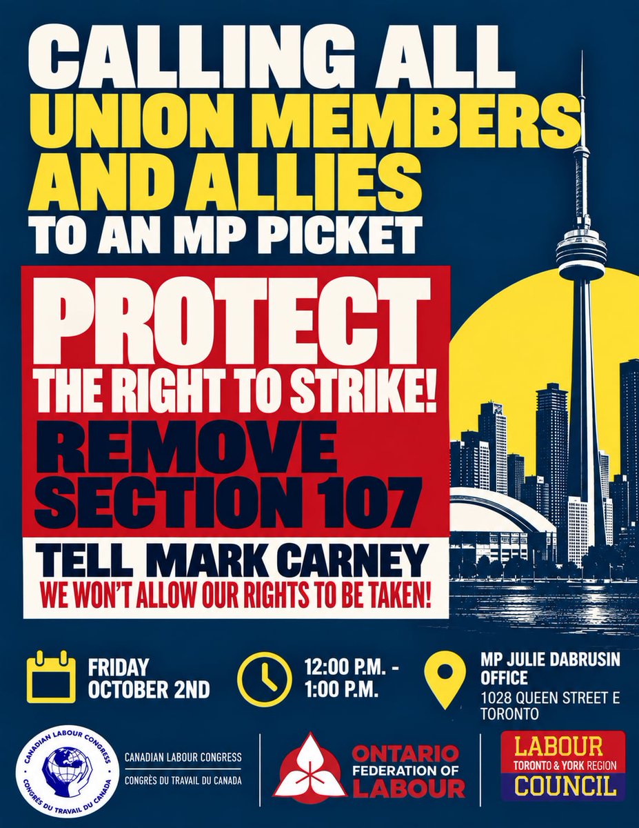 OFLabour's tweet photo. Mark Carney's government thinks that "Elbows Up" will protect Canada but expects that workers should not have the full rights of free collective bargaining.
Let's show the federal and provincial government that the way workers and communities win is with "Feet in the Street"!
Join a rally tomorrow!
#Toronto #Hamilton #ThunderBay