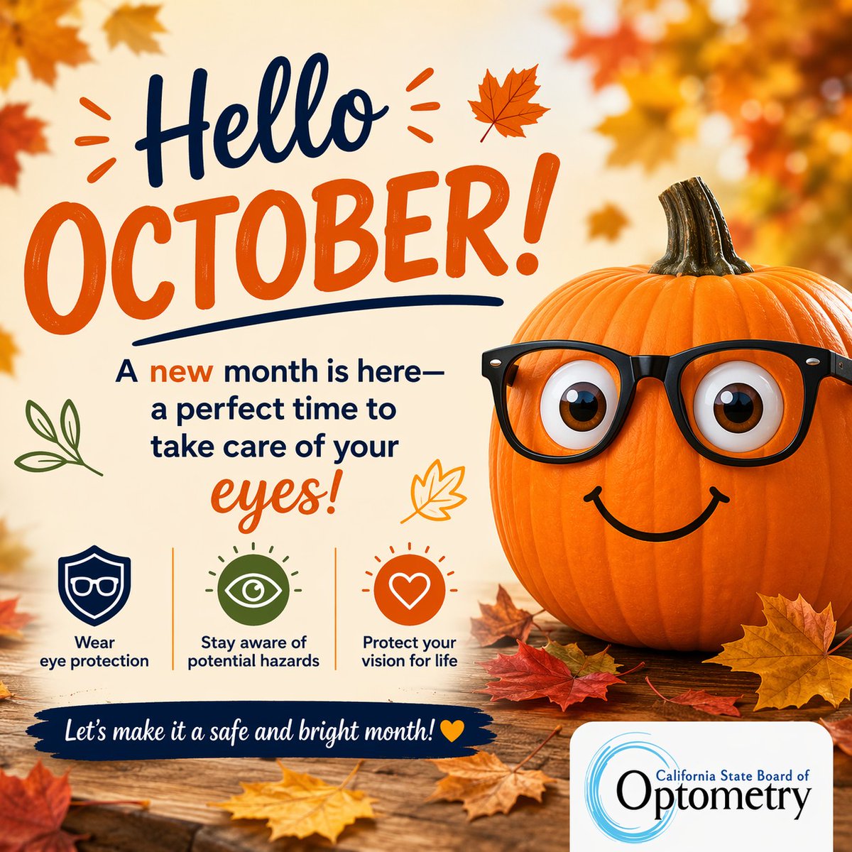 CAOptometry's tweet photo. 👁️🍂 Hello October! 🍁👁️
It’s officially the month of pumpkins, cooler weather, and keeping your eyes extra safe! 😎🛡️
Stay tuned all month long for tips, reminders, and fun facts to help you protect the vision that keeps life bright. 🌟✨
#HelloOctober #EyeSafety #Optometry https://t.co/FAQymqHog4