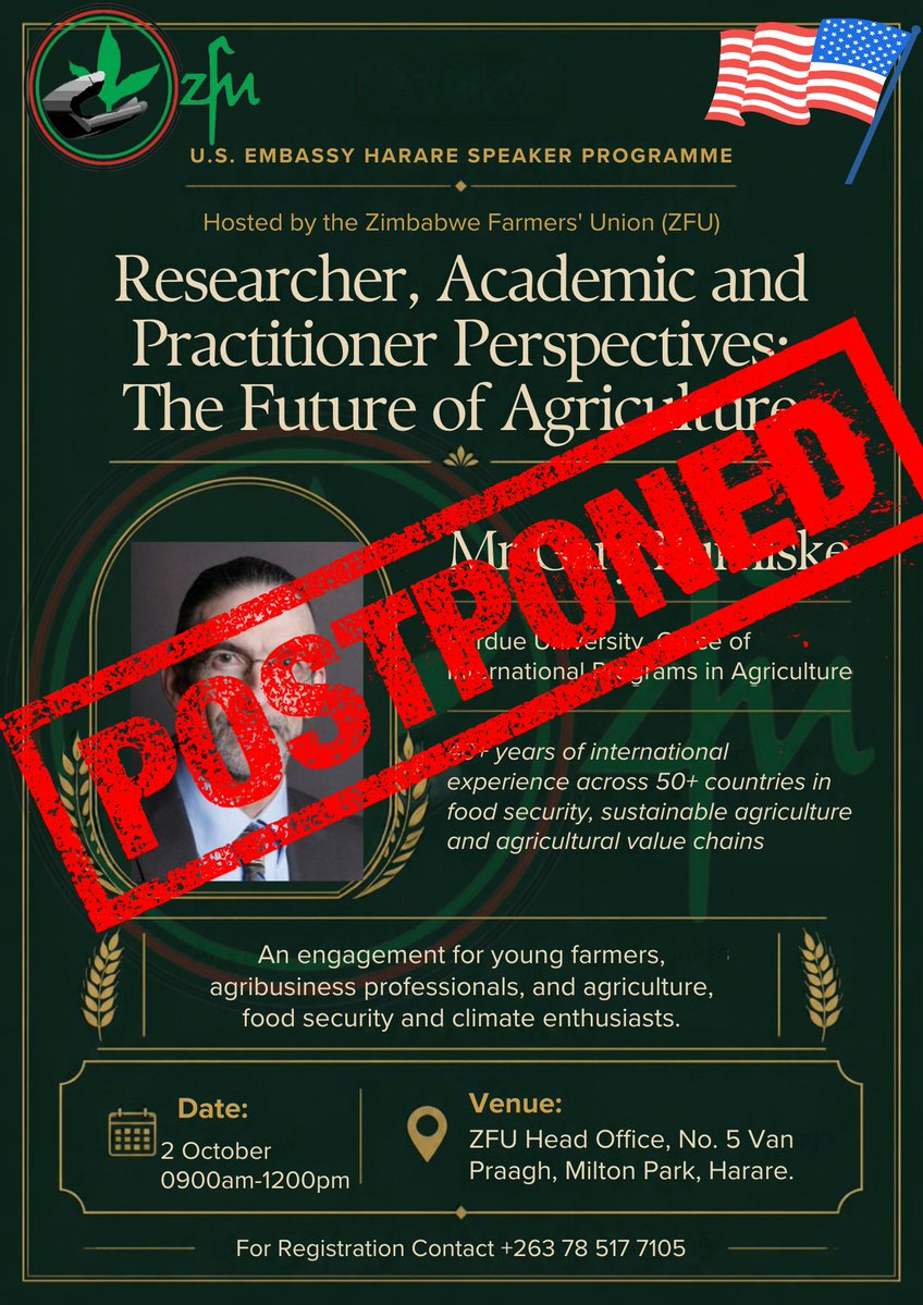zfu_official's tweet photo. Hey everyone 💚

We're sorry to share that the Future of Agriculture session with Gary Burniske, originally set for 2 October at ZFU Head Office, has been postponed until further notice.
We know a lot of you were looking forward to this one, so were we. 
Call +263 78 517 7105. https://t.co/X5hlxQf2mo