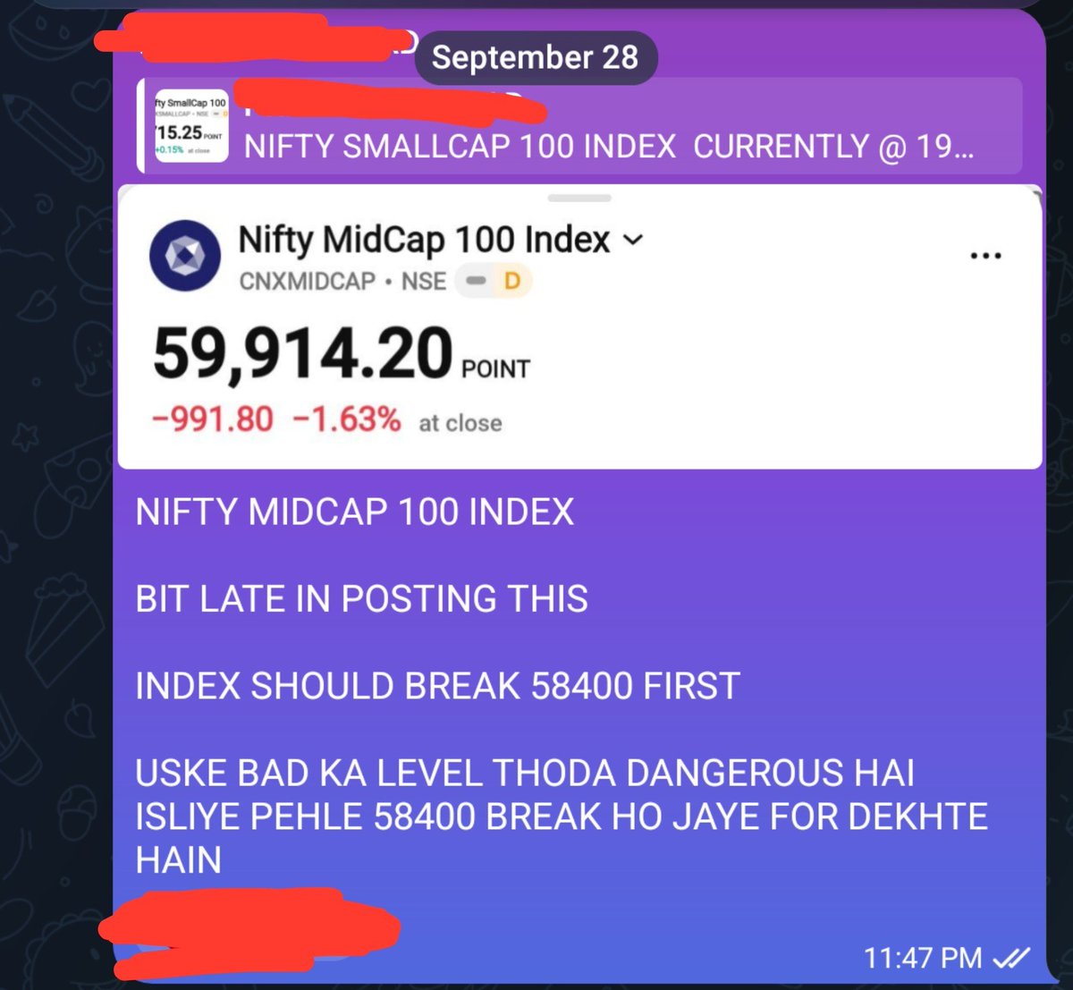 xSTOCKIST's tweet photo. #Nifty MIDCAP 100 BROKE 58400 TODAY BUT RECOVERED
TODAY'S LOW 58006
MY VIEW IS INTACT FOR π
#stockmarketindia #NiftyMidcap https://t.co/e6gx7Iqbqo