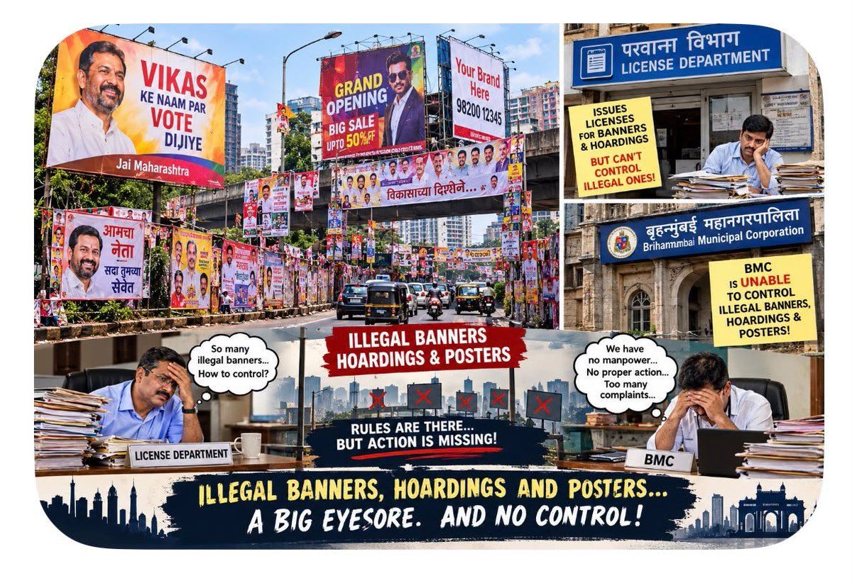 jskeshriya's tweet photo. After our Notice to #Mulund #License dept. regarding "#Illegal #Political #Banners #Hoardings & #Posters from Public Spaces & in clear #Violation of Hon'ble #HighCourt ", we filed #RTI for action taken by dept.

They have standard reply 'we have only 1 person for removal & engaged in #Election duty's.

Madam @AshwiniBhide we have given list of 8-10 Illegal Banners, the dept. took out 8-10 banners whereas 100 plus banners were ignored all over Mulund by License dept.

We hope Hon'ble High Court will held them in Contempt of Court