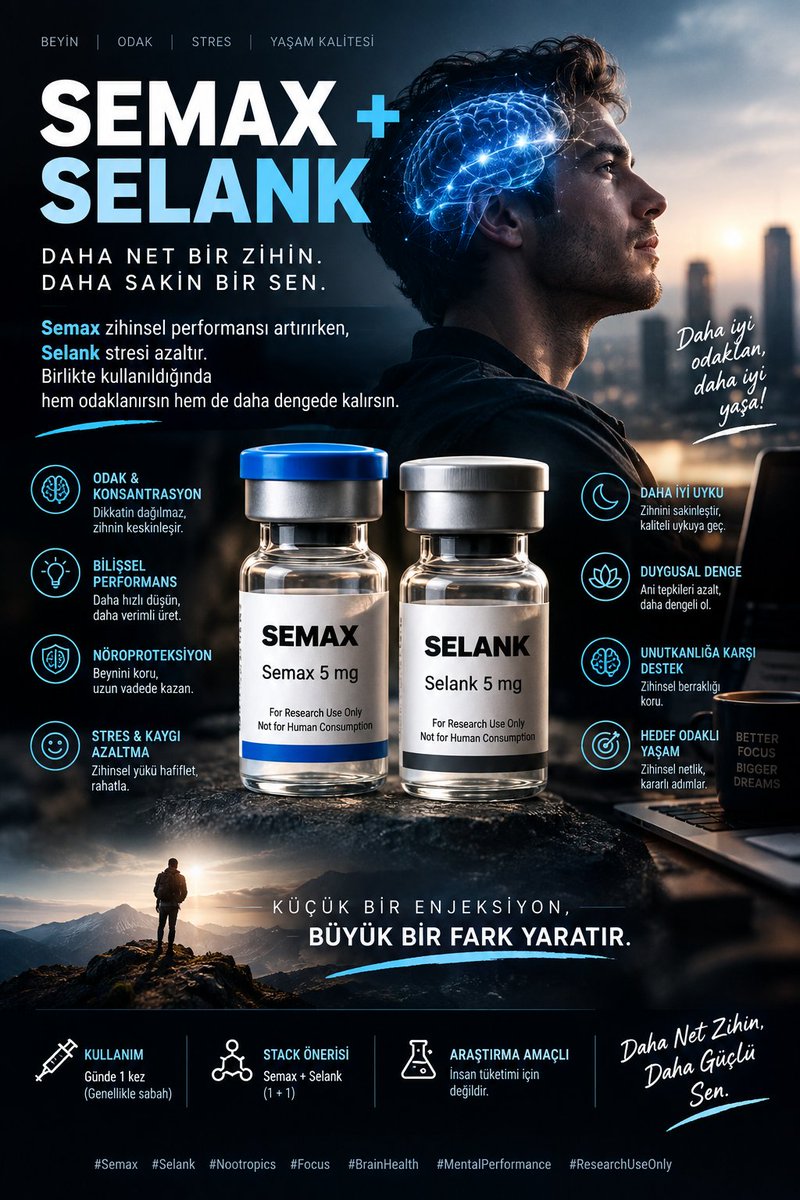 PeptitRadar's tweet photo. 🧠 Zihnin sadece daha fazla odaklanmaya değil, daha iyi bir dengeye de ihtiyacı olabilir.

SEMAX × SELANK

Semax → bilişsel performans & odak
Selank → stres yanıtı & zihinsel sakinlik

Biri “daha fazla odak”, diğeri “daha az zihinsel gürültü” fikrini temsil ediyor.

Bu yüzden ikisinin kombinasyonu nootropik/peptit topluluklarında dikkat çekiyor.

Peptit çağı sadece fiziksel dönüşümden ibaret değil.
Zihin performansı da oyunun bir parçası. 🧠

#Semax #Selank #Peptides #Nootropics #Biohacking #Focus #Longevity #Peptit