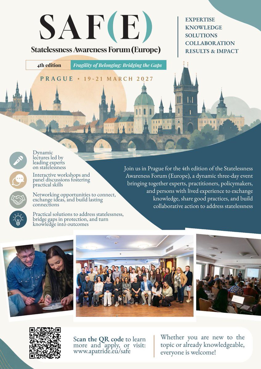 SALAM_DHR's tweet photo. The 4 edition of #Statelessness Awareness Forum (Europe) #SAF(E); designed to raise awareness of statelessness, directly involve experts with lived experience, and foster collaboration with other leading stakeholders

🏠Prague, Czech Republic
🗓️19-21 March, 2027

To Register
https://t.co/Ajg8ZKQekr

#humanrights #nationalityrights