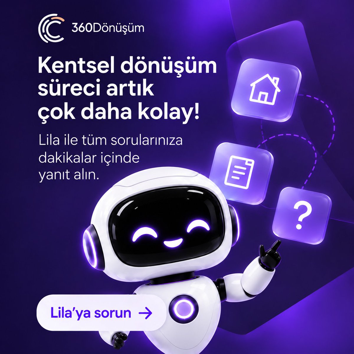360donusum's tweet photo. 2. Kentsel dönüşüm artık daha anlaşılır. 🏠
Süreç nasıl ilerler? Hangi belgeler gerekir? Hangi desteklerden yararlanabilirsiniz?
Lila’ya sorun, ihtiyacınız olan bilgiye dakikalar içinde ulaşın. 💜
#360Dönüşüm #Lila #KentselDönüşüm #KentselDönüşümSüreci #DijitalAsistan https://t.co/URh2MiEkix
