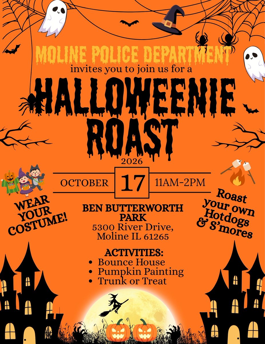 MolinePolice's tweet photo. Our Community Policing Unit is having a Halloweenie Roast with a twist this year.
We are inviting businesses and community members who want to participate in a Trunk or Treat event, October 17th from 11a-2p.

🧵⬇️ https://t.co/y8Q2wUhRI5