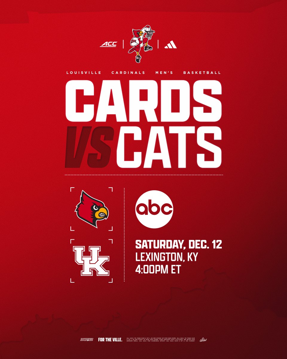 LouisvilleMBB's tweet photo. The stage is set for the 2026 Battle of the Bluegrass.

📆 Saturday, Dec. 12
🕓 4 pm ET
📺 ABC

#GoCards https://t.co/yeMm4BB3t7