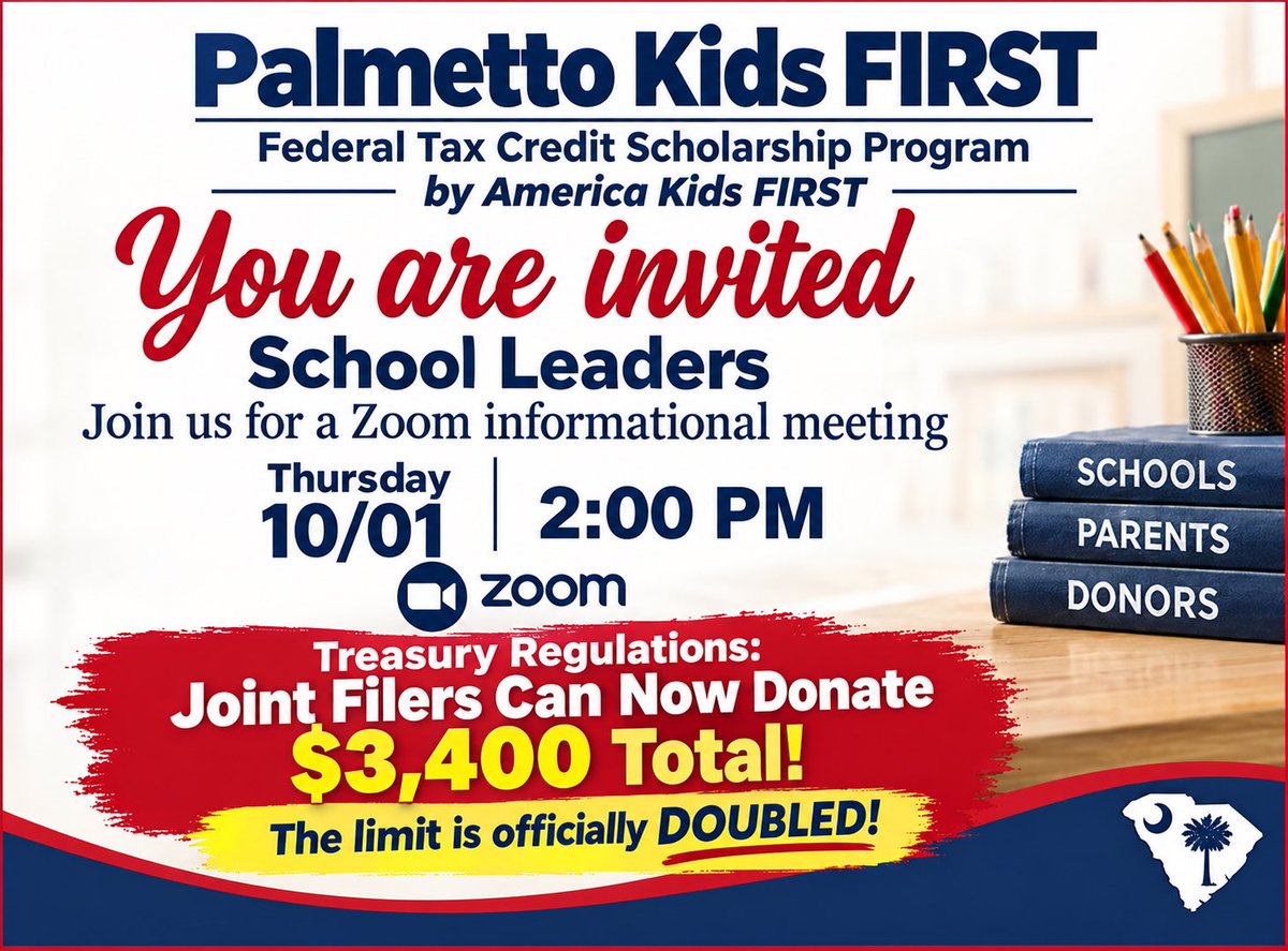 PKForg's tweet photo. 🚨 BREAKING: U.S. Treasury released #FSTC regs! Married couples filing jointly can now donate up to $3,400 (doubling the individual limit)!
School Leaders: Join our Zoom session TODAY at 2 PM to review full details.
📩 Email team@AmericaKidsFIRST.com for link! #SchoolChoice https://t.co/vVU6OFMDFB