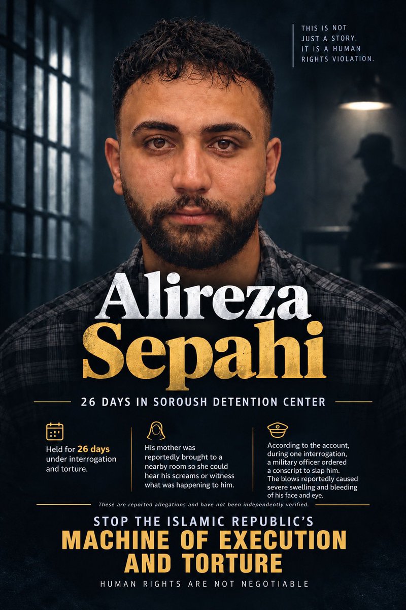 tajbano2026's tweet photo. 🚨 URGENT | Alireza Sepahi’s life is at risk.

Sentenced to death after 26 days of interrogation and reported torture. His life remains in danger.

Be his voice. Stop torture. Stop executions.

#LastBreath
#AlirezaSepahi https://t.co/qbFXrrpuUJ
