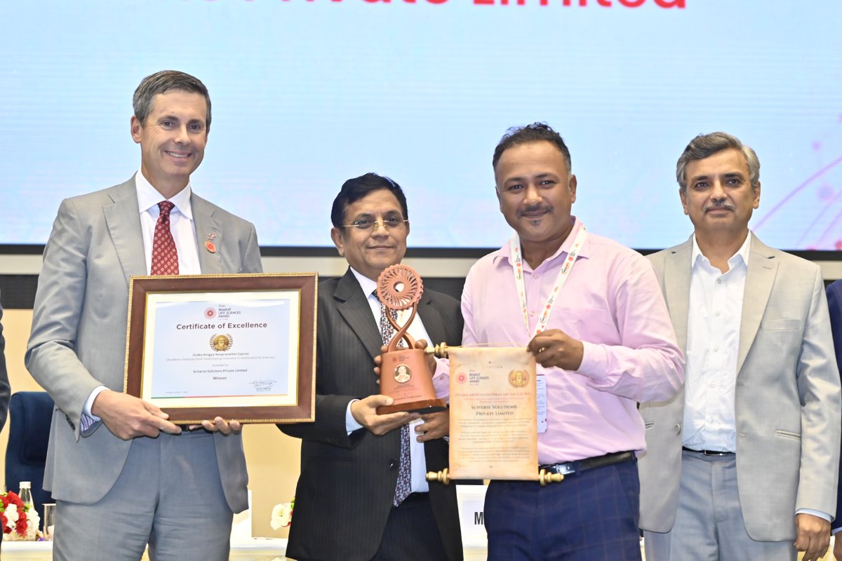 ficci_india's tweet photo. Congratulations to Sciverse Solutions Private Limited on winning the Jivaka Arogya Navpravartan Gaurav, recognising innovation in healthcare and life sciences, at the #BharatLifeSciencesAward. https://t.co/n2HNDDgPyG
