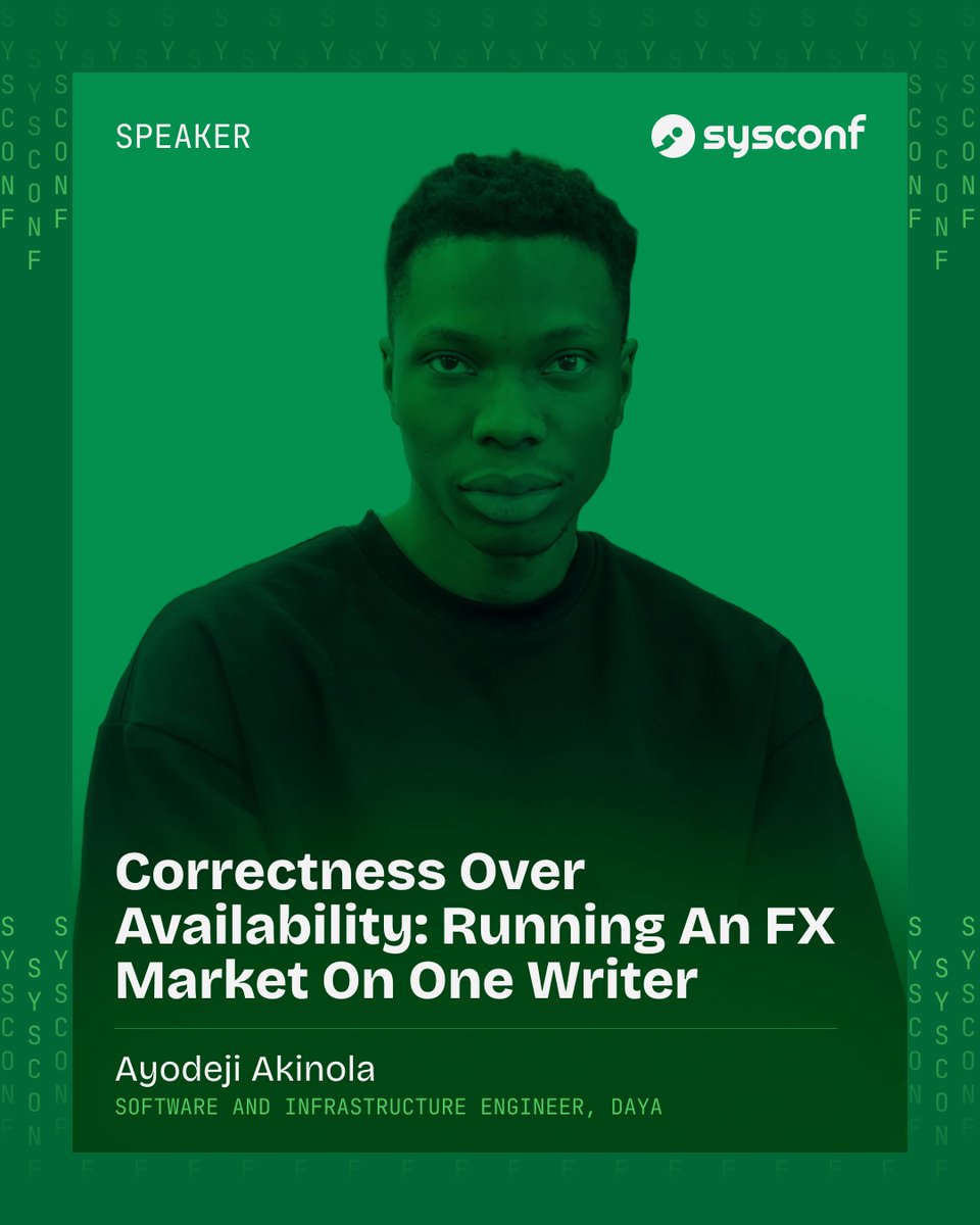 sysconf_'s tweet photo. We’re excited to announce Ayodeji Akinola (@ayodeji0x0) as a speaker at SysConf 2026!

His talk is titled “Correctness Over Availability: Running an FX Market on One Writer.”

At Daya_HQ, where stablecoins trade against the Nigerian Naira, correctness is far more important than availability. So instead of a distributed cluster, where a split-brain scenario means losing money, the team runs a single writer: one process owns each market's order book.

This talk walks through the mechanics of their production system. Ayodeji breaks down the layout of Daya’s in-memory B-tree order book, how the engine deterministically recovers after a crash, their fencing implementation, and how the API scales out safely without touching the order book directly.

#SysConf #SysConf26