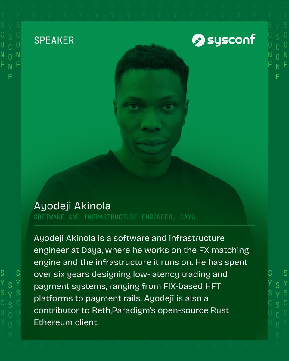 sysconf_'s tweet photo. We’re excited to announce Ayodeji Akinola (@ayodeji0x0) as a speaker at SysConf 2026!

His talk is titled “Correctness Over Availability: Running an FX Market on One Writer.”

At Daya_HQ, where stablecoins trade against the Nigerian Naira, correctness is far more important than availability. So instead of a distributed cluster, where a split-brain scenario means losing money, the team runs a single writer: one process owns each market's order book.

This talk walks through the mechanics of their production system. Ayodeji breaks down the layout of Daya’s in-memory B-tree order book, how the engine deterministically recovers after a crash, their fencing implementation, and how the API scales out safely without touching the order book directly.

#SysConf #SysConf26