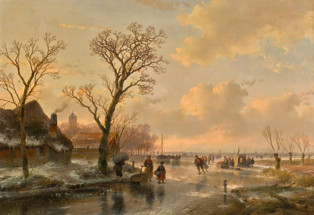 Goudriaan2's tweet photo. Skaters on a frozen river 
Andreas Schelfhout, 1866 https://t.co/ZfCxfwO3Mo