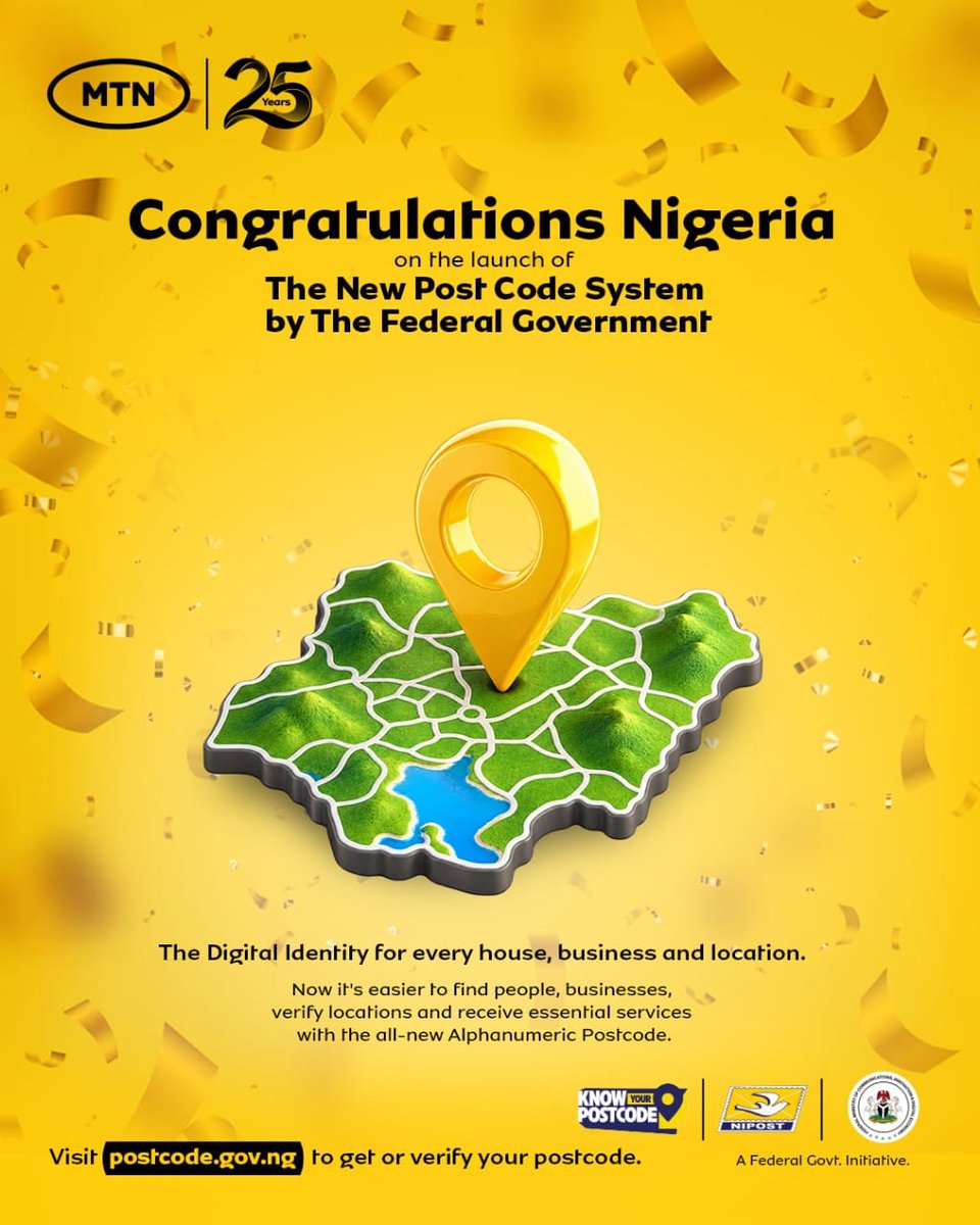 MTNNG's tweet photo. As Nigeria launches a new post code system, we celebrate another step forward in our journey towards a more connected nation.

Have you checked out the new postal code system yet?

DigitalNigeria
DigitalPostcode
YelloIndependence https://t.co/l0eQellCBM