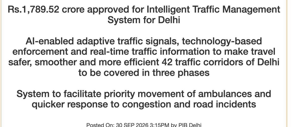 nimishas81's tweet photo. Government of India has approved nearly 1800Cr for Intelligent Traffic Management System specifically for Delhi for AI enabled traffic management.

I assumed adoption of AI enabled city security would be the next step by either private or public bodies after the recent LSR case because thats how Governments usually work!

However, implementation matters a lot here. 1800Cr of taxpayers money has to be accounted for!