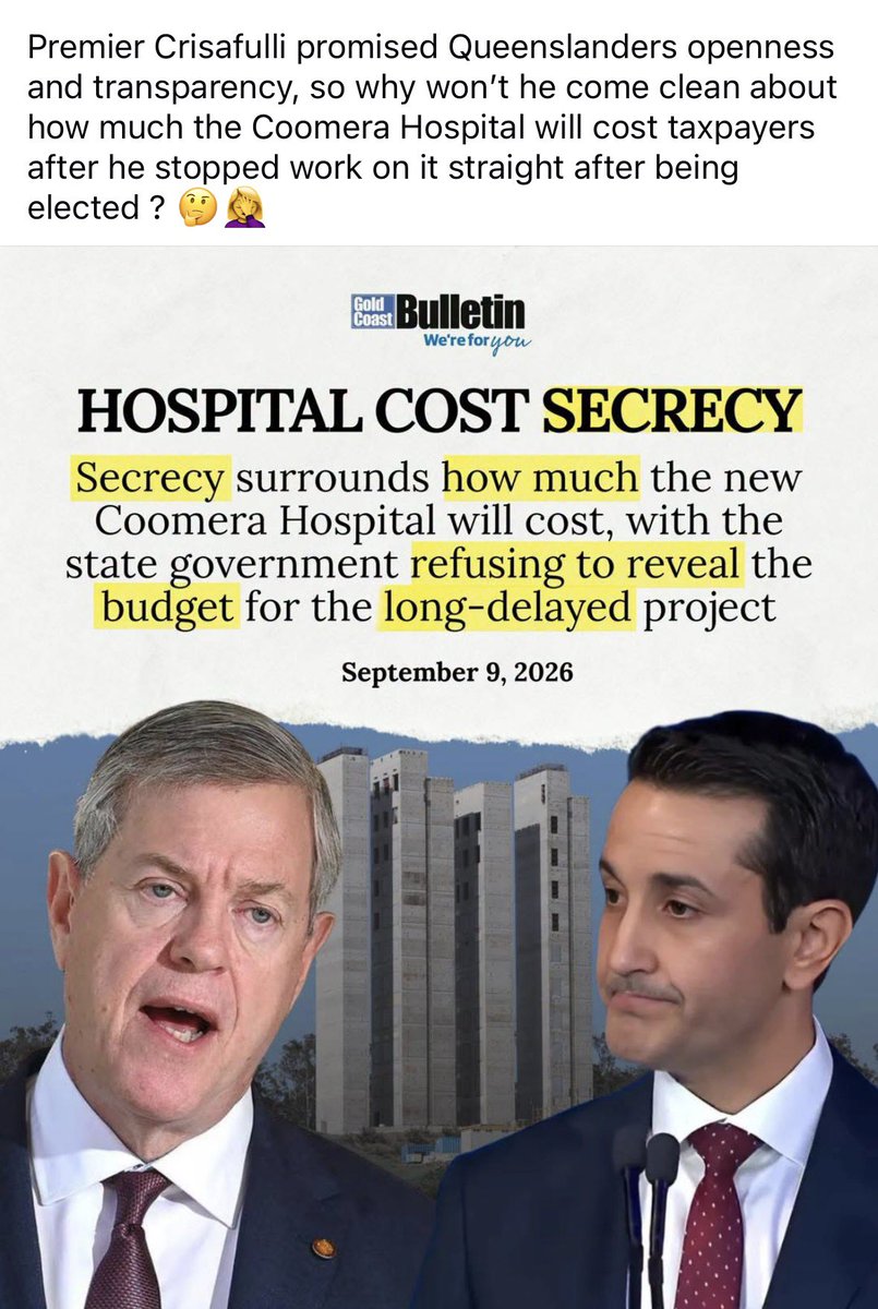 ShiannonC's tweet photo. Up here in hillbilly Hicksville QLD with an LNP state govt in play, the only people it’s been plain sailing for are the LNP & their sycophants.

They continue to plumb the depths of duplicity & secret handshakes with a doggedness that would make Joh proud. 

Cristafulli & Lord Pocketsquare are poncing about like pouter pigeons extolling the virtues of governance without offering any proof of genuine governance. The millions they are spending on propaganda campaigns to tell us how good they are doesn’t make it fact. They are commandeering every available airwave, SM platform & streaming service to let us all know how they are “making QLD safer” - along with 2 more slogans regarding “adult crime, adult time” & a “breach bail go to jail” bill that was introduced into parliament in August this year. There is also the “place to call home” housing initiative droning into our consciousness  daily. I can’t imagine how much this is costing. They aren’t even in an election cycle & they are campaigning furiously.

Meanwhile, the LNP continues to cut funding to public housing, housing commission services & punishes homelessness by changing legislation to shift the parameters of eligibility to make it look like there is less homelessness in QLD. They have also cut millions from emergency accommodation & homelessness support programs. They have removed affordable housing targets on certain developments.

In their first 6 to 18 months the LNP govt:
-Cut funding to the Environmental Defenders office.
-Repealed QLD Labor’s renewable targets.
-Extended the operational lifespans of ageing coal-fire plants.
-Removed mandatory zero-emissions vehicle transition targets for the public service QFleet management system.
-Scrapped rail line between Beerwah & Maroochydore.
-Reneged on their promise not to sell state-owned energy assets. Sold the Copper String Project -an energy infrastructure initiative.
-Spent over $650,000 on undisclosed polling after criticising Labor when LNP were in opposition for spending money on polling. The LNP have yet to release those results.
-Repealed diversity quotas for 2032 Olympics, reducing mandated representation of Indigenous Australians and women.

-Their promise to reduce state debt is a joke.

-Scrapped large-scale Pioneer-Burdekin nth QLD pumped hydro project.
-Cancelled the $1 billion Moonlight Range windfarm.
-Repealed the Forest Wind Farm development act.
-Scrapped development application for a 200MW/800MWh big battery near Mackay.
-Tightened regulation on wind development.
-Repealed Path to Treaty Act while supporting it in opposition.
-Reneged on promise not to build Olympic stadium.
-Bypassed laws & councils to exempt Olympic infrastructure from standard state & local planning regulations.
-Scrapped the coal royalty energy rebate for all Queenslanders.
-Scrapped rego rebates.

They were just getting started.

They bought a fleet of new govt cars & spent a motza on Parliament House renovations.

They cut $38m from the domestic & family violence budget this year. The federal Labor govt stepped in with $67m for the next 4 years to fund DV & family services for QLD.

Healthcare is collapsing due to underfunding & understaffing. Ambulance ramping & hospital wait times are an all-time high. The LNPs devised hospital KPIs are putting pressure on hospitals & performance.

-Flu spikes after LNP have refused to back in public vaccinations.
-Costings secrecy. Gagging debate about costs. Telling the public there will be no public updates re the costs of the Olympics.
-Scrapped 10,000 affordable homes.
-Removing the ban on property developer donations & then cashing in on it with 15-minute paid meetings for corporate donors with Crisafulli.
-delayed or cut funding for regional nurse & doctor programs.
-Postponed hospital expansions.
-Delayed Cancer Clinic funding.

.. let’s not forget that credit rating downgrade 🙄

I’m sure there’s more. Add to the list.