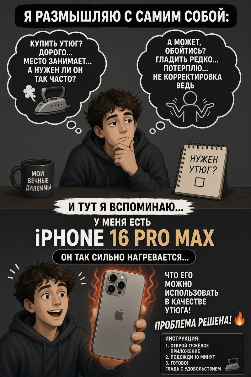 Maxdisk's tweet photo. @grok iPhone 16 Pro Max как утюг. Я им брюки скоро гладить буду. https://t.co/lI2luog05A