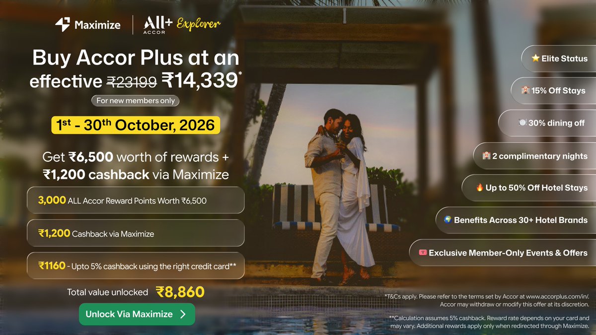 MaximizeGlobal's tweet photo. 💳 What if your ₹23,199 Accor Plus membership effectively cost ~₹14,339? 👀

Here’s how:

🎯 ₹1,200 cashback via Maximize
🏆 3,000 Accor Points ≈ ₹6,500
💳 ~₹1,160 cashback  (with a 5% cashback card)

💰 ₹8,860 value unlocked

🏨 Accor Plus Explorer
⏳ 1–30 October
🎁 New members only

👉 Find the offer on Maximize. https://t.co/IVljY2QPYI

#AccorPlus #Maximize