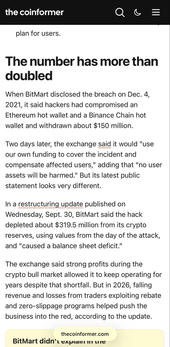 thecoinformer's tweet photo. excuse me guys, any clarification on this?

in 2021 you said BitMart would use its own funds to cover the hack and that “no user assets will be harmed.”

now you’re saying the same hack left a roughly $320M balance sheet deficit that stayed with the business for years

how did that deficit remain if you had already said BitMart would absorb the loss?