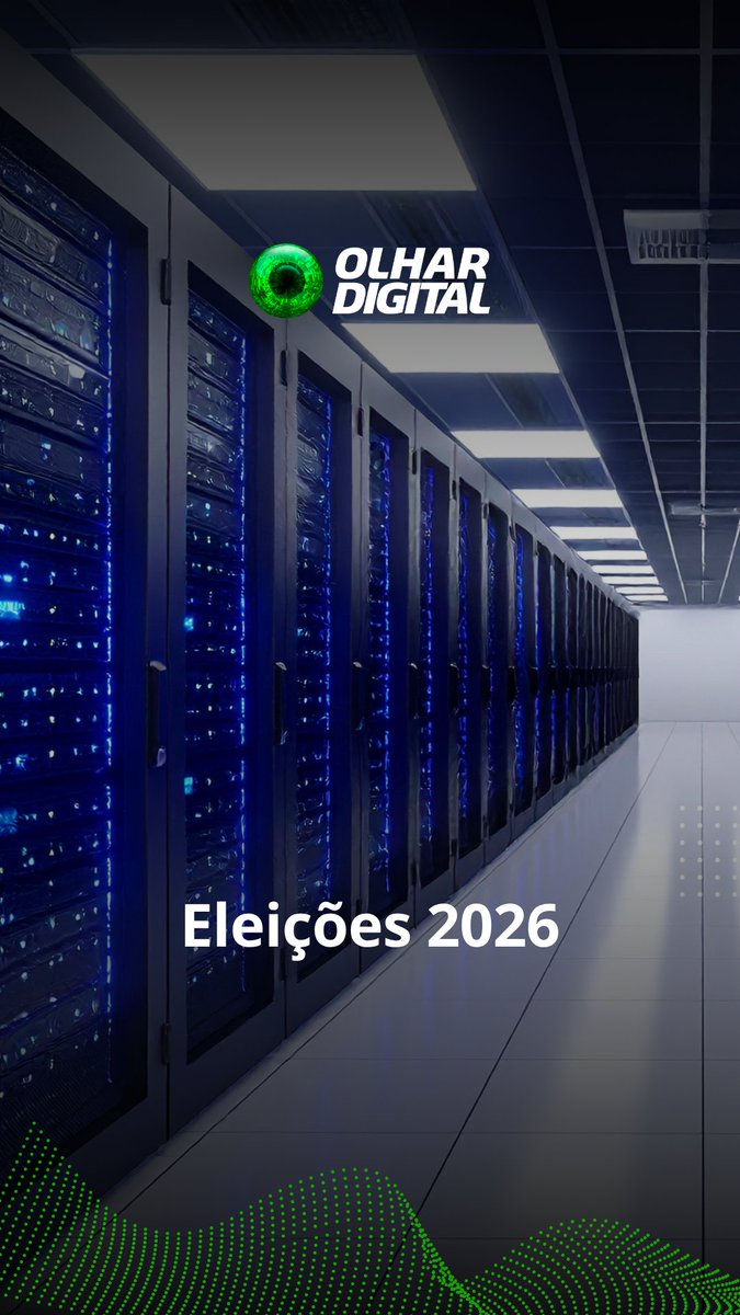 A dark data center with rows of server racks illuminated by blue lights, overlaid with the 'OLHAR DIGITAL' logo at the top and the text 'Eleições 2026' near the bottom.