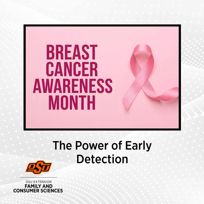 This graphic features a pink background with a classic pink awareness ribbon and reads "Breast Cancer Awareness Month: The Power of Early Detection," co-branded by OSU Extension Family and Consumer Sciences.