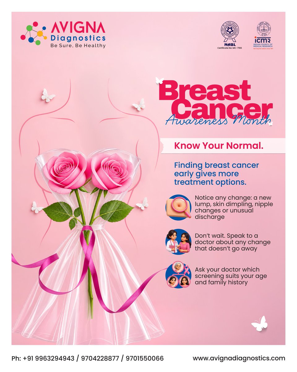AvgDiagnostics's tweet photo. This October, we join families across Telangana in marking Breast Cancer Awareness Month.
#BreastCancerAwarenessMonth #PinkOctober #KnowYourNormal #EarlyDetection #WomensHealth #AvignaDiagnostics #HyderabadHealth #Telangana #10YearsOfTrust https://t.co/ACB6WLk8XZ