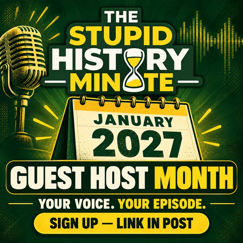 StupidMinute's tweet photo. Want to guest host The Stupid History Minute in January? I’ve still got a few spots open. Pick a date, send me 3 everyday topics, and I’ll write your script. You record it and get to plug your podcast. Send it back to me and I'll take it from there!

First-timers welcome. Sign up here: https://t.co/x8EprfLQN6