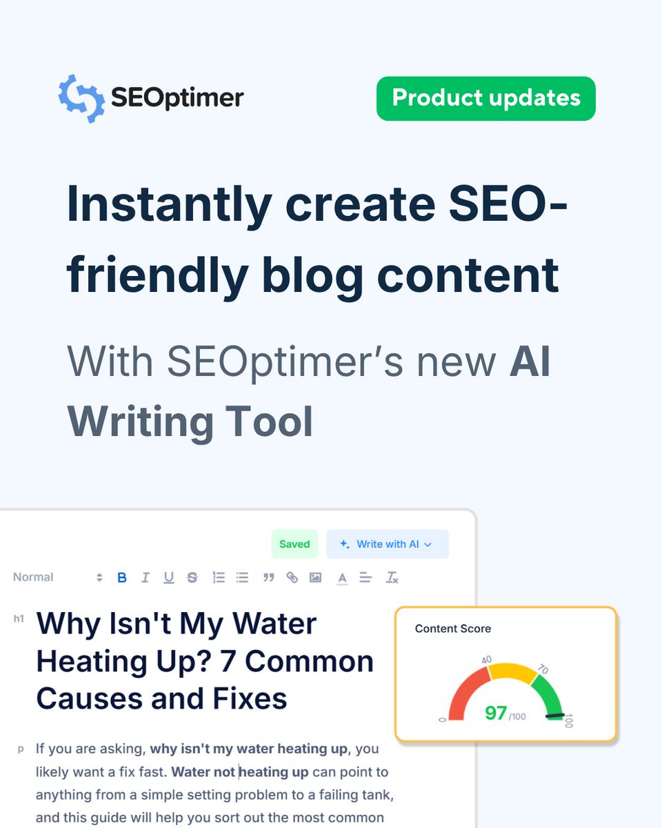 seoptimer's tweet photo. Say goodbye to generic AI text and hello to content built to rank.

We launched SEOptimer’s new AI Writer this week, designed specifically to help you create, optimize, and publish high-ranking blog posts faster than ever. 📈

Unlike standard writing tools or just plain ChatGPT, our AI Writer combines live SERP intelligence with several years of SEO expertise to help you write content that search engines actually love.

Here’s what you can do with it:

🔍 Live SERP Research: Automatically scans current Google search results for your target keyword and country before drafting.
📊 Real-Time Content Score: Get an instant 0–100 score measuring keyword placement, readability, internal/external links, and word length.
🔗 Smart Internal Link Suggestions: Add your website URL to get relevant internal linking recommendations as you edit.
🌐 Global SEO & 49 Languages: Target specific country search engines and write content in up to 49 languages.
✍️ Flexible Creation Modes: Choose between generating a full article draft, generating a structured outline, or writing yourself with live AI assistance.
🔄 1-Click Content Refresh: Import published blog posts, spot missing keyword gaps, and update outdated content with full version history.

Best of all? It’s included completely FREE across ALL SEOptimer plans! 🎉

👉 Check it out at https://t.co/6g7Dhh5fA8

#seoptimer #aiwriting #aicontent #freetools