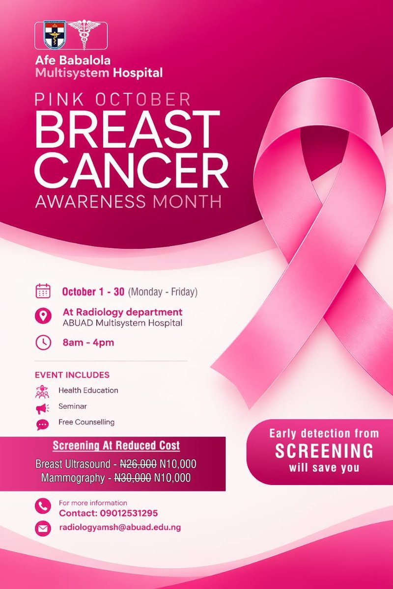 ABUADMSH's tweet photo. 💗 Breast Cancer Awareness Month — Take Action Today

This October, ABUAD Multisystem Hospital is making breast health awareness more accessible with screening at reduced cost, alongside health education, counselling and a seminar. https://t.co/RhgEfAkS5u