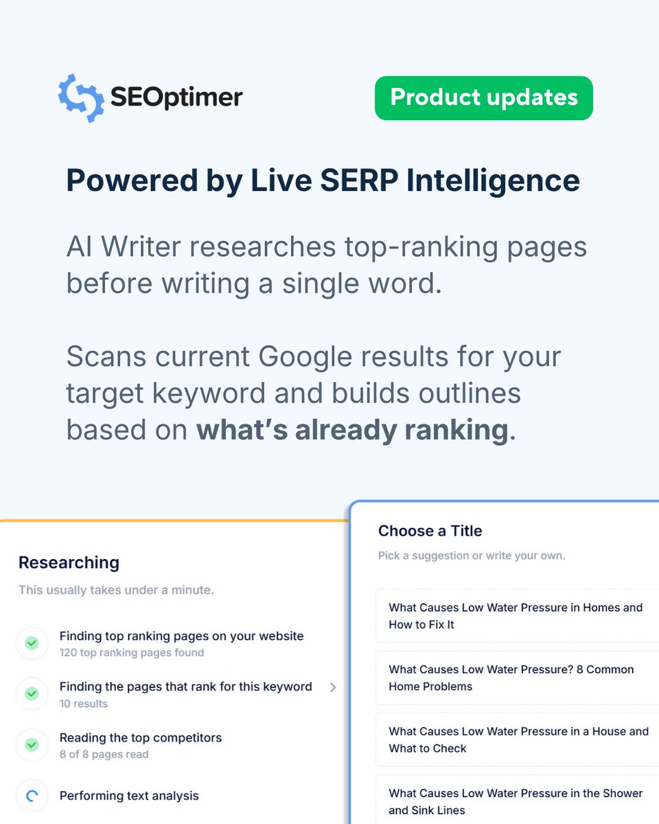 seoptimer's tweet photo. Say goodbye to generic AI text and hello to content built to rank.

We launched SEOptimer’s new AI Writer this week, designed specifically to help you create, optimize, and publish high-ranking blog posts faster than ever. 📈

Unlike standard writing tools or just plain ChatGPT, our AI Writer combines live SERP intelligence with several years of SEO expertise to help you write content that search engines actually love.

Here’s what you can do with it:

🔍 Live SERP Research: Automatically scans current Google search results for your target keyword and country before drafting.
📊 Real-Time Content Score: Get an instant 0–100 score measuring keyword placement, readability, internal/external links, and word length.
🔗 Smart Internal Link Suggestions: Add your website URL to get relevant internal linking recommendations as you edit.
🌐 Global SEO & 49 Languages: Target specific country search engines and write content in up to 49 languages.
✍️ Flexible Creation Modes: Choose between generating a full article draft, generating a structured outline, or writing yourself with live AI assistance.
🔄 1-Click Content Refresh: Import published blog posts, spot missing keyword gaps, and update outdated content with full version history.

Best of all? It’s included completely FREE across ALL SEOptimer plans! 🎉

👉 Check it out at https://t.co/6g7Dhh5fA8

#seoptimer #aiwriting #aicontent #freetools