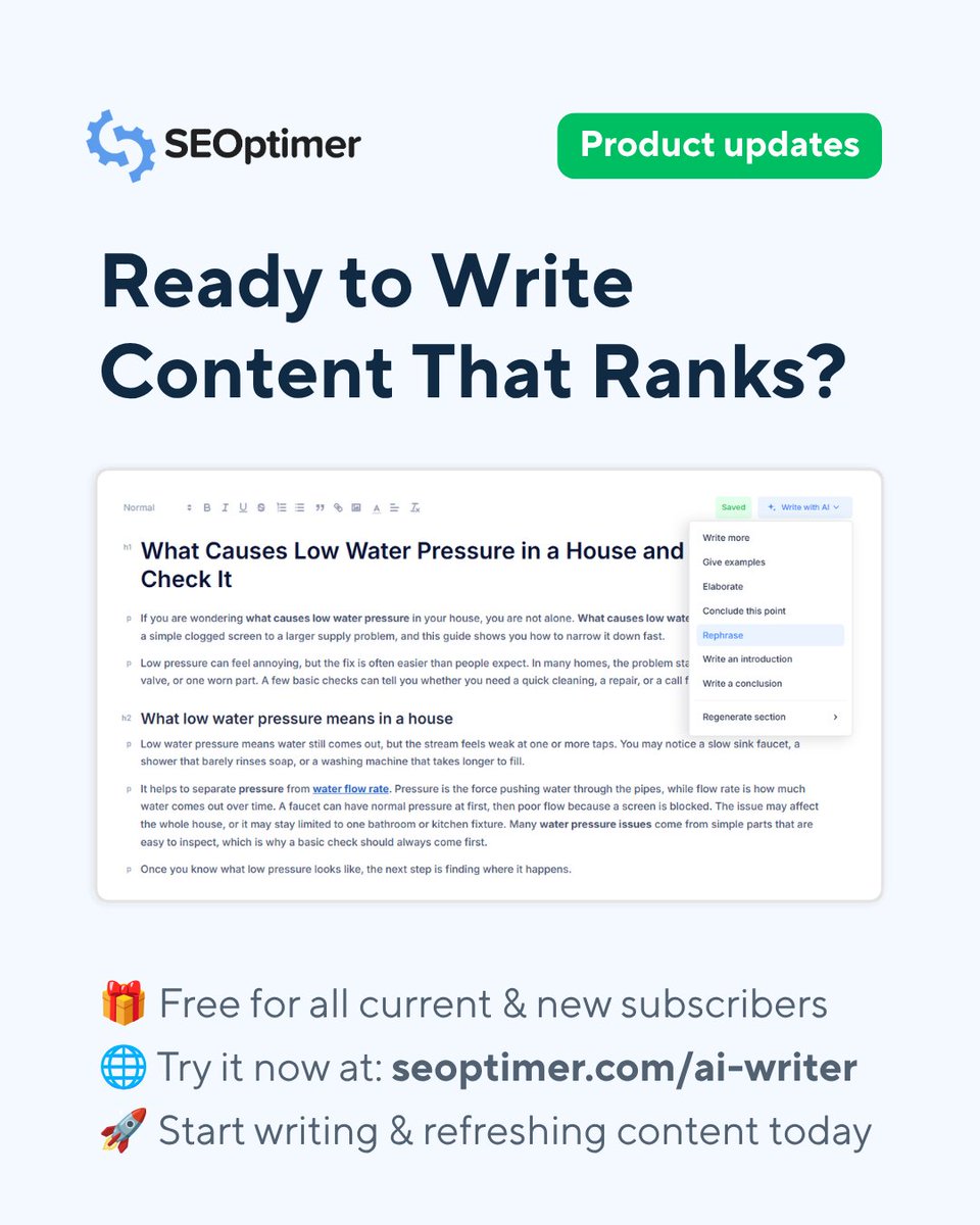seoptimer's tweet photo. Say goodbye to generic AI text and hello to content built to rank.

We launched SEOptimer’s new AI Writer this week, designed specifically to help you create, optimize, and publish high-ranking blog posts faster than ever. 📈

Unlike standard writing tools or just plain ChatGPT, our AI Writer combines live SERP intelligence with several years of SEO expertise to help you write content that search engines actually love.

Here’s what you can do with it:

🔍 Live SERP Research: Automatically scans current Google search results for your target keyword and country before drafting.
📊 Real-Time Content Score: Get an instant 0–100 score measuring keyword placement, readability, internal/external links, and word length.
🔗 Smart Internal Link Suggestions: Add your website URL to get relevant internal linking recommendations as you edit.
🌐 Global SEO & 49 Languages: Target specific country search engines and write content in up to 49 languages.
✍️ Flexible Creation Modes: Choose between generating a full article draft, generating a structured outline, or writing yourself with live AI assistance.
🔄 1-Click Content Refresh: Import published blog posts, spot missing keyword gaps, and update outdated content with full version history.

Best of all? It’s included completely FREE across ALL SEOptimer plans! 🎉

👉 Check it out at https://t.co/6g7Dhh5fA8

#seoptimer #aiwriting #aicontent #freetools