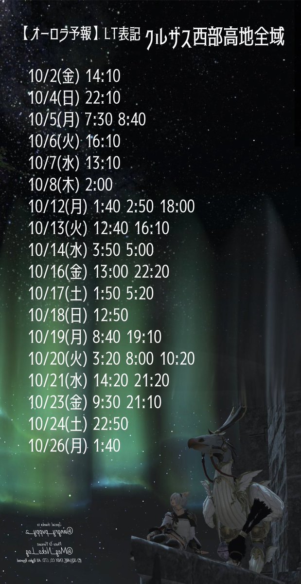 Meg_Neko_Log's tweet photo. 【10月】 #オーロラ予報
クルザス西部高地全域
オールドシャーレアン

【10月】 #灼熱波の天の川
南ザナラーン全域

10月ですね🎃

今年はもうあと３ヵ月
それをすぎたら
白銀だーーーーー‼︎‼︎‼︎‼︎

#FF14 https://t.co/TzyXqnBiUW