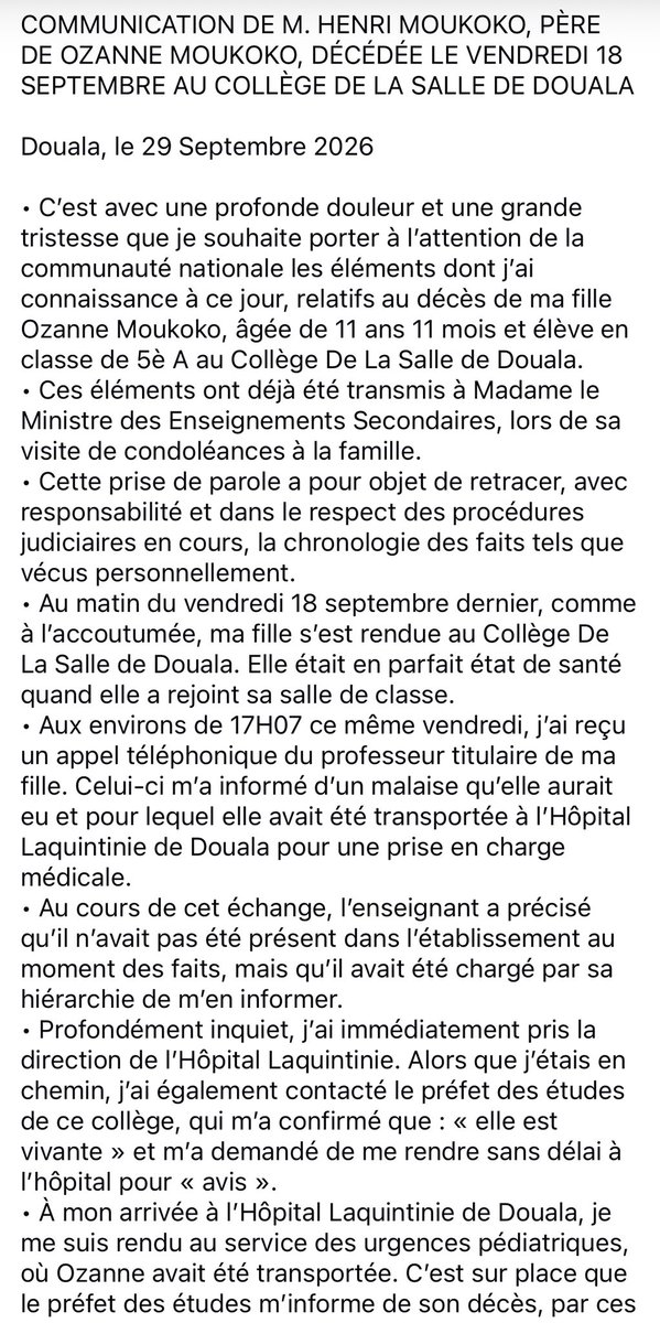 Asitchoma's tweet photo. #JusticepourOzanne
L’appel à la justice de Henri Moukoko, le père de l’élève du college de la Salle, décédée le 18septembre2026 dans les circonstances encore non elucidées.
L’école, parents & autorités invités à faire éclater la verité afin que plus pareille chose ne se produise https://t.co/B3aewBtbFC