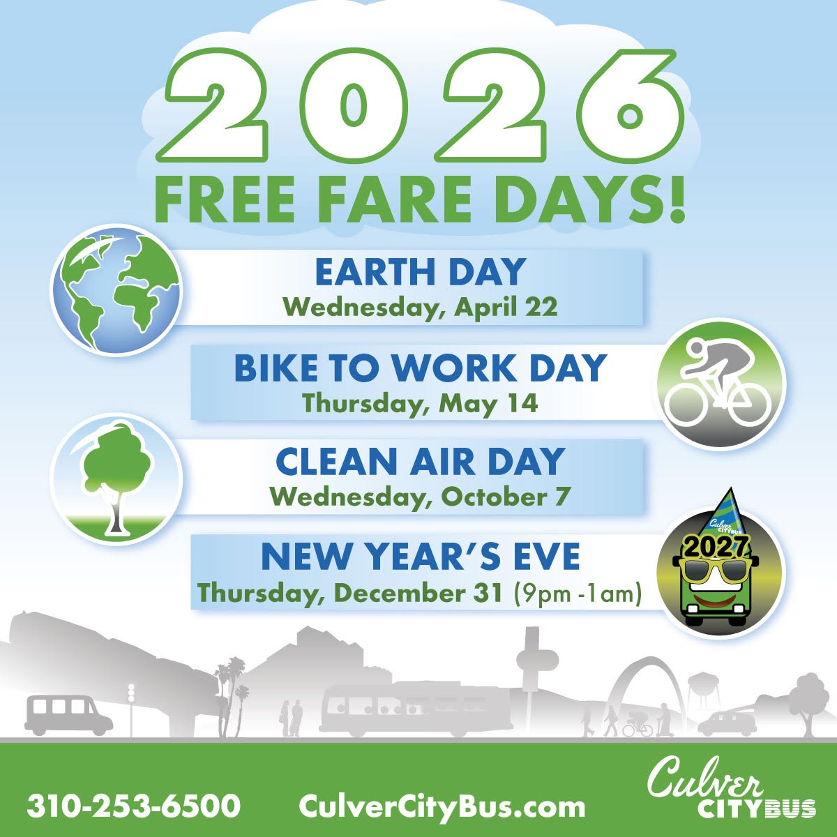 CulverCityBus's tweet photo. A Free Fare Day is coming up on Clean Air Day, Wednesday, October 7, 2026! 🌿
Culver CityBus is excited to offer Free Fare Days throughout 2026!
Hop on board and enjoy a hassle-free way to get around town while helping to reduce pollution and improve air quality. #CleanAirDay https://t.co/295Im7VsHV