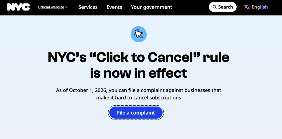 linamkhan's tweet photo. Terrific to see @NYCMayor's "click to cancel" rule go into effect today.

Trapping customers in subscriptions is against the law.

Businesses must make it as easy to cancel as it is to sign up.

New Yorkers can report subscription traps here: https://t.co/beJ1DWWKmT https://t.co/2GpptW0zEC
