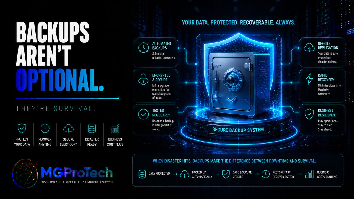 MGProTechCA's tweet photo. Backups aren’t a “nice to have.”

They’re what separates a bad day from a disaster.

The real question isn’t whether you have a backup. It’s whether it’s current, secure, offsite, tested, and actually recoverable when you need it.

Because a backup you’ve never tested is just a hope.

At MGProTech, we focus on backup and recovery strategies that protect the business, not just the files.

Protect the data. Test the recovery. Keep the business moving.

#MGProTech #DataBackup #DisasterRecovery #BusinessContinuity #Cybersecurity #DataProtection #ITSecurity #ManagedIT #CloudBackup #RansomwareProtection #ITInfrastructure #BusinessResilience
