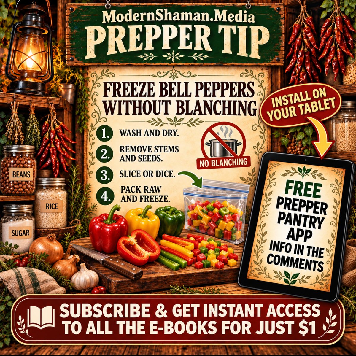 ModernShamanX's tweet photo. #PrepperTip ๐ซ Freeze bell peppers raw, no blanching๐ Wash, dry๐ง Remove stems, seeds, membranes๐ช Slice or dice๐ฅฃ Freeze in a freezer bagโ๏ธ $1 = Prepper Pantry app + cookbook๐ฒ๐ https://t.co/zRXCeiay3L #Prepper #Homesteader https://t.co/3vRkr7kc6O