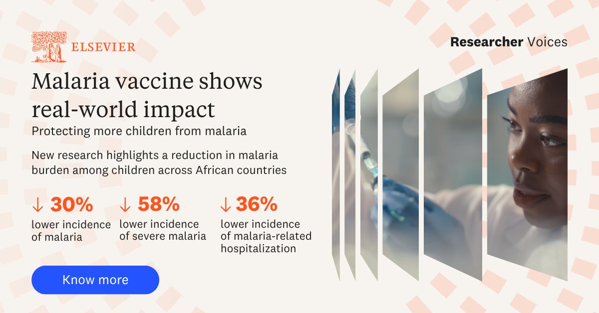 ElsevierConnect's tweet photo. The world's first malaria vaccine is delivering in the real world.

Early findings from a study of nearly 40,000 children found those who received RTS,S malaria vaccine had lower rates of malaria after rollout in Ghana, Kenya, and Malawi. https://t.co/AkuNesGXHJ
#ResearcherVoices https://t.co/9DWPx6sHrg