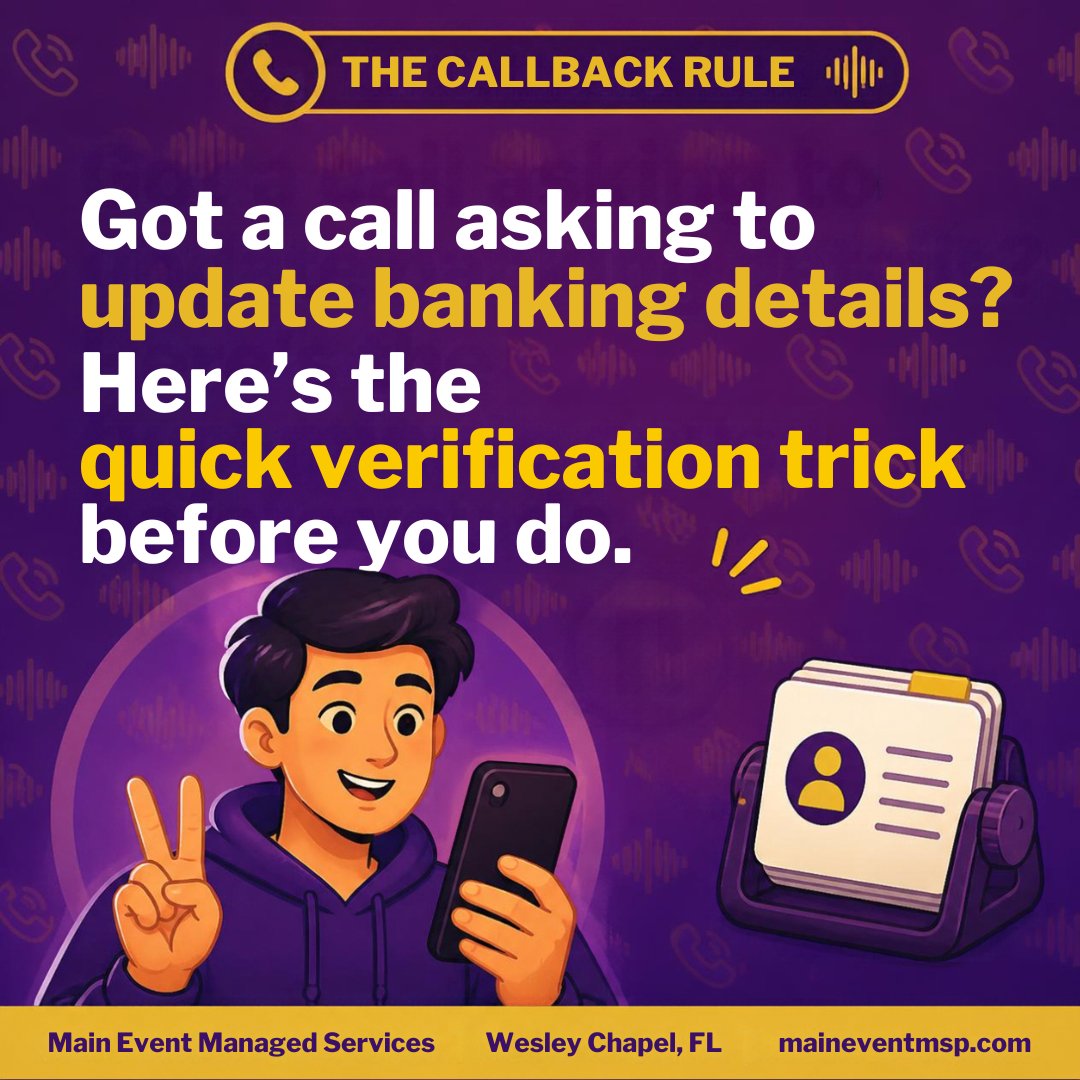 MainEventMSP's tweet photo. A call asking to change banking details might sound exactly like your client. Voice cloning makes that possible now. Always confirm with a callback to a number you already have on file. #CybersecurityAwarenessMonth https://t.co/PXjC2ju7hJ