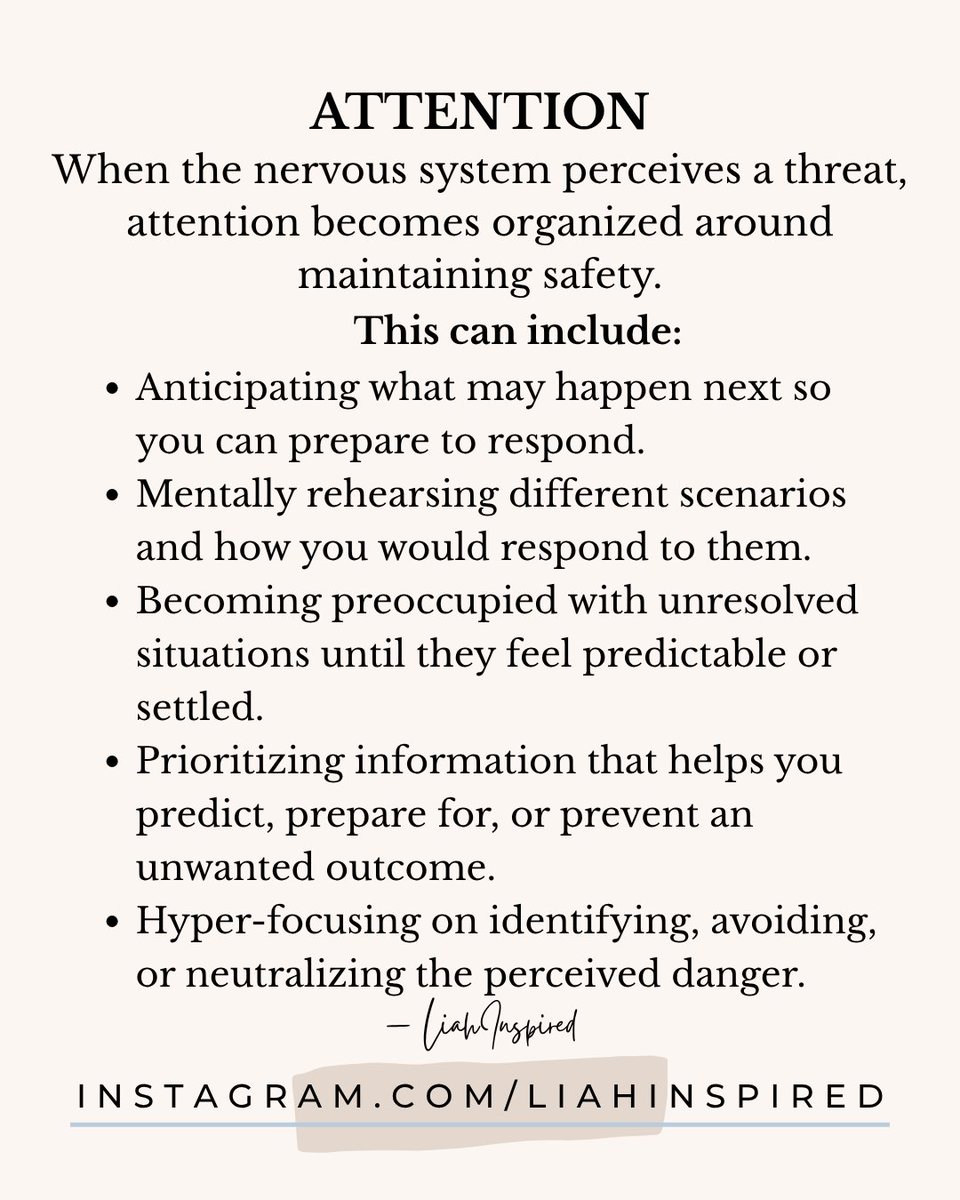 TheLiahInspired's tweet photo. ✨Attention
When the nervous system perceives a threat, attention becomes organized around maintaining safety.

This can include:
• Anticipating what may happen next so you can prepare to respond.
• Mentally rehearsing different scenarios and how you would respond to them. https://t.co/yoxY1LSca0